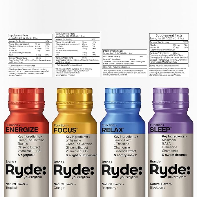 Ryde Discovery Pack | Energize, Focus, Relax & Sleep Shots | Green Tea Caffeine, Ginseng, B Vitamins, L-Theanine, Lemon Balm, Chamomile, Melatonin | 0 Calories, 0 Sugar | Variety Pack (8 Pack)