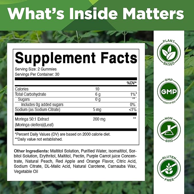 Vitamatic 2 Packs Moringa Gummies – Sugar-Free Botanical Extract – Green Superfood Supplement – Vegan, Pectin-Based, Non-GMO – Plant-Based Gummies – 60 Count
