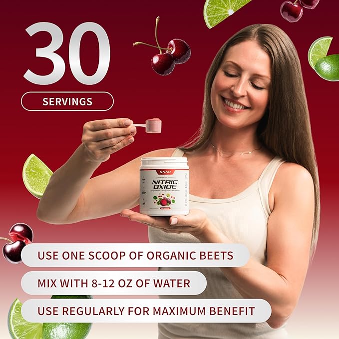 Snap Supplements Organic Beet Root Powder Nitric Oxide Supplement for Men & Women, Red Spinach & Pomegranate, Supports Healthy Energy & Blood Pressure Already in Normal Range, 30 Servings, Cherry Lime