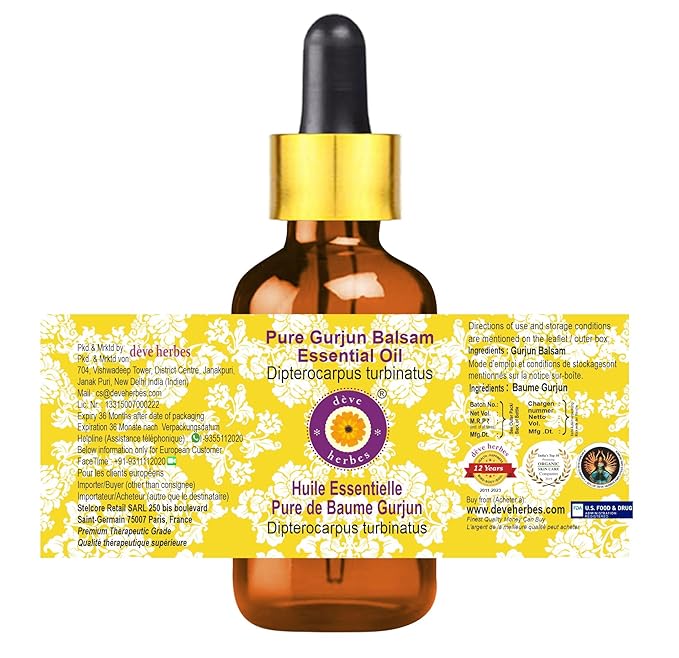 Deve Herbes Pure Gurjun Balsam Essential Oil (Dipterocarpus turbinatus) with Glass Dropper Steam Distilled 50ml (1.69 oz)