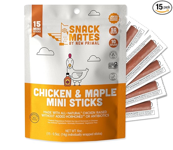The New Primal Snack Mates Chicken & Maple Sticks, Gluten Free Healthy Snacks for Kids, Low Sugar High Protein Back to School Snacks, Mini Paleo Jerky Meat Stick, 5g Protein, 35 Calories, 15 Pack