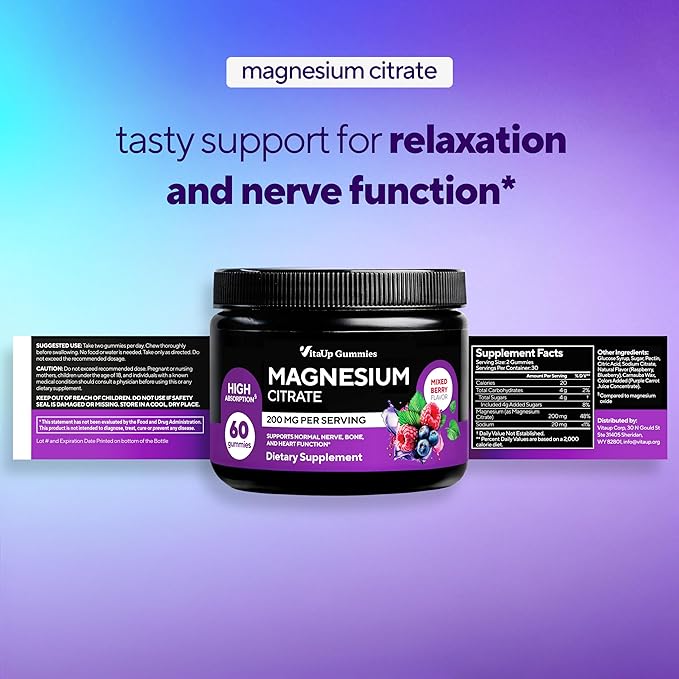 Magnesium Gummies for Women 200 mg – High Absorption Magnesium Citrate Gummies – Chewable Supplement for Adults to Support Normal Nerve, Bone & Heart Function – Vegan Chews, 60 Count
