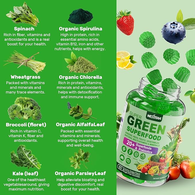 Super Greens Multivitamin Gummies, Daily Greens Superfood Gummies w/Spirulina, Chlorella, Multivitamins, Prebiotic Fiber, Adaptogens, Support Digestive & Gut Health, Immunity, Focus & Energy, 120Cts