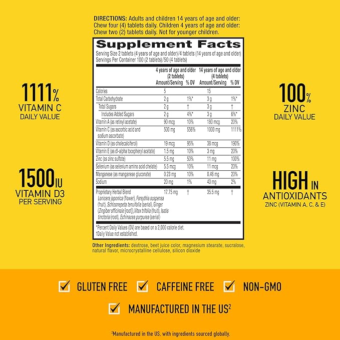 Airborne Vitamin C 1000mg (per Serving) - Very Berry Chewable Tablets (116 Count in a Bottle), Gluten-Free Immune Support Supplement, with Vitamins A C E, Zinc, Selenium, Ginger, Antioxidants