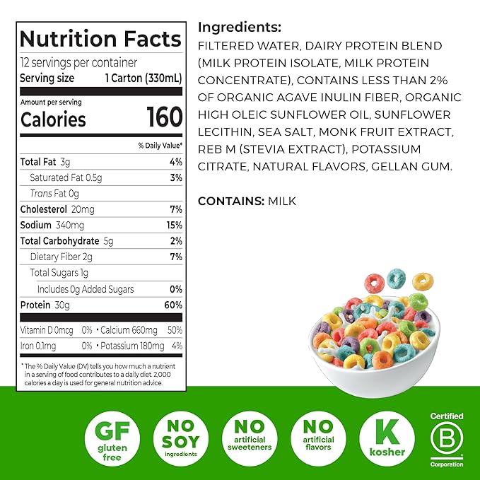 Orgain 30g High Protein Shake, Dairy Isolate Milk Protein, Fruity Cereal, 5g BCAAs, <1g Sugar Per Serving, Meal Replacement, Ready to Drink, Keto Friendly, Gluten-Free 11 Fl Oz (Pack of 12)