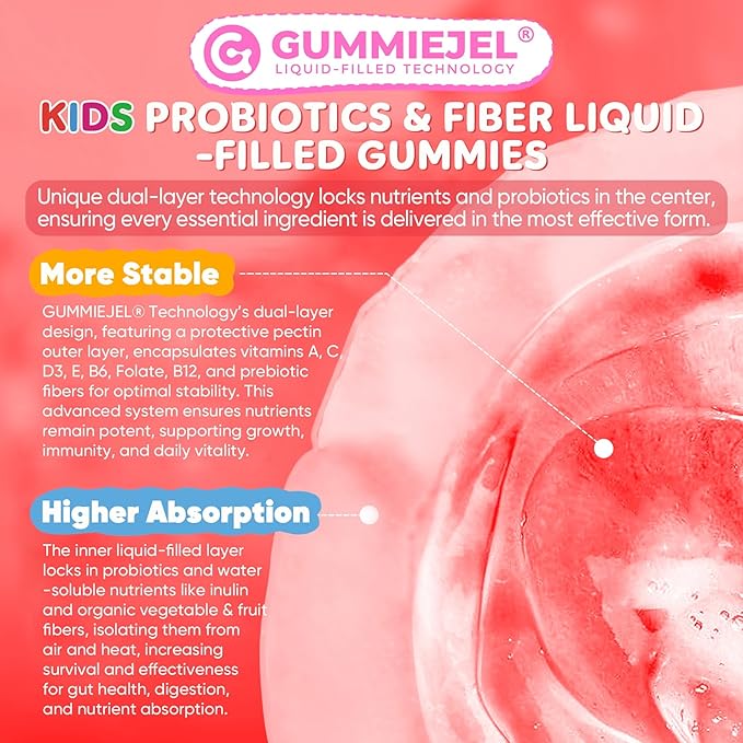 Kids Probiotic + Prebiotic Fiber Gummies 5G, 12 Billion CFU Probiotic & Veggie Fruit Fiber, w/ Organic Inulin, Methyl B12 B6 D3 C, Lutein for Children's Digestive & Gut, Immune Health, Sugar Free,60Ct