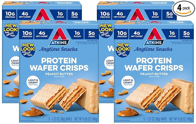 Atkins Peanut Butter Protein Wafer Crisps, Protein Dessert, 4g Net Carb, 1g Sugar, Keto Friendly, 5 Count (Pack of 4)