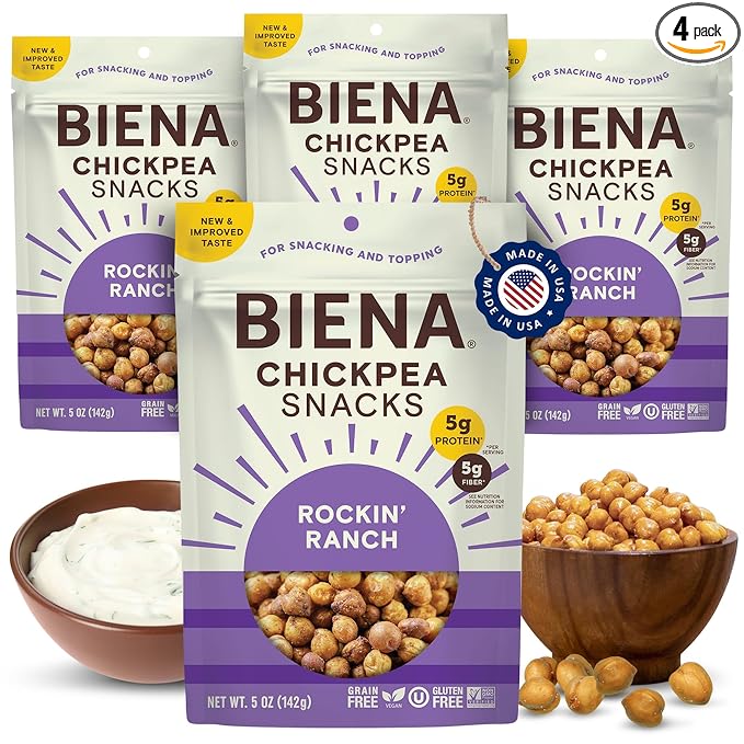 BIENA Chickpea Snacks - Crunchy Roasted Chickpeas - High Fiber Vegan Protein Snacks for Adults and Kids - 4-Pack, 5 Ounce Bags - Rockin’ Ranch