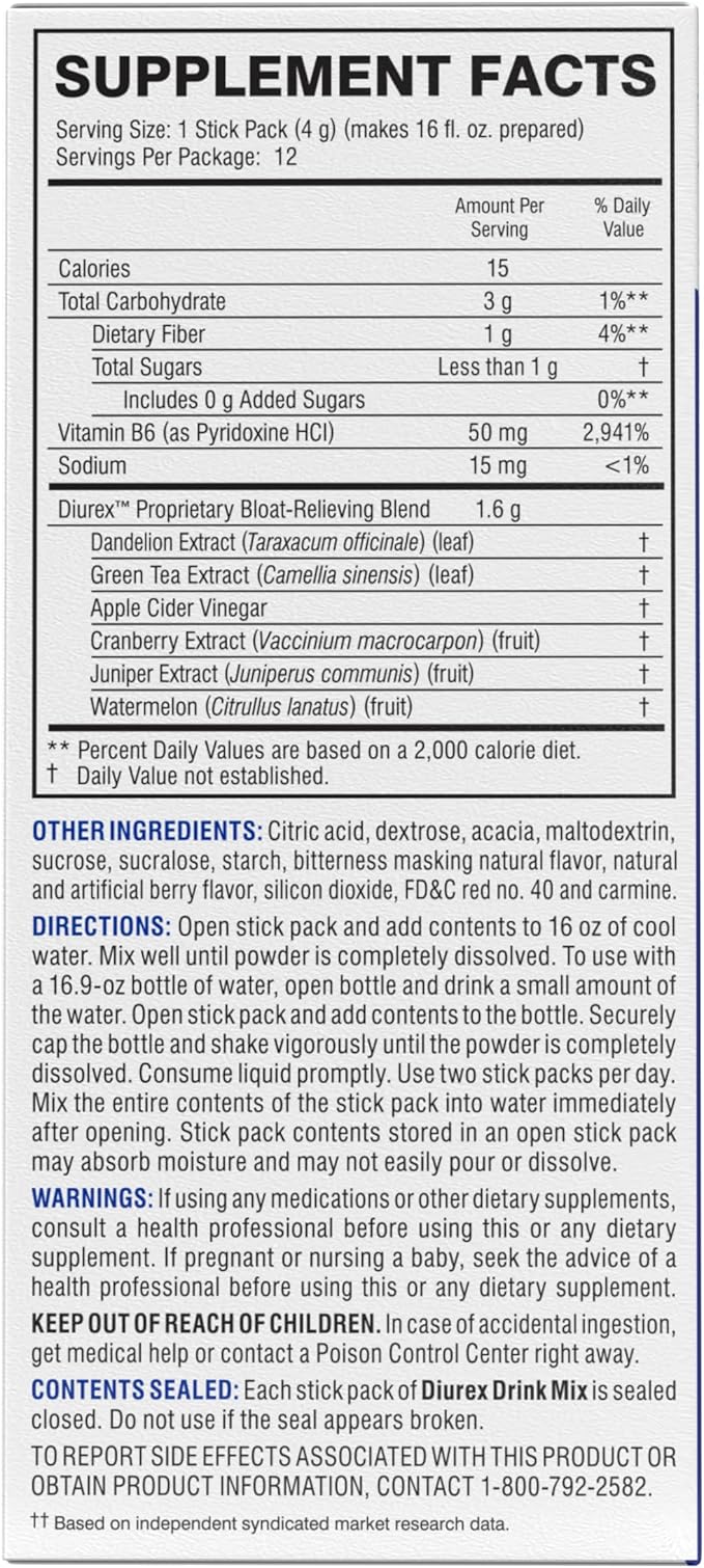 Diurex Drink Mix - Diuretic Supplement - Mixed Berry Flavor - Bloat Relief with Diurex Proprietary Bloat-Relieving Blend - Single Serve - 12 Pack