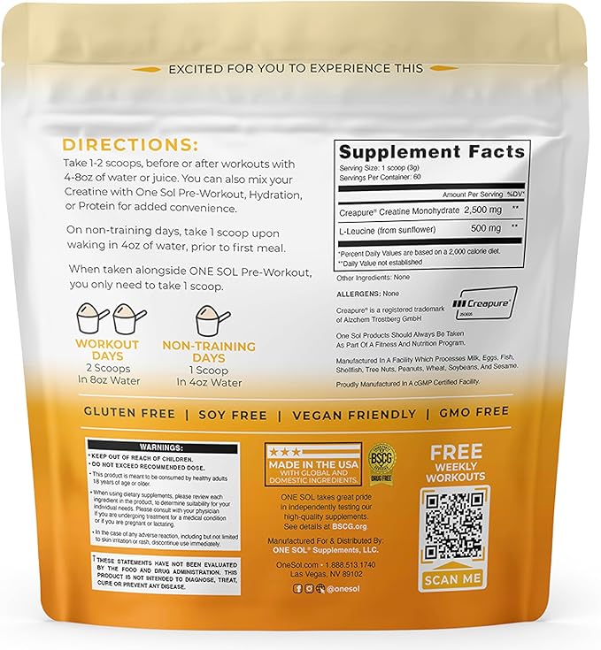 One Sol Creatine for Women, All Natural Women’s Creatine Powder w Creapure & Leucine, Increase Lean Muscle Mass, Reduce Recovery Time, Promotes Brain & Bone Health (Unflavored, 60 Servings)