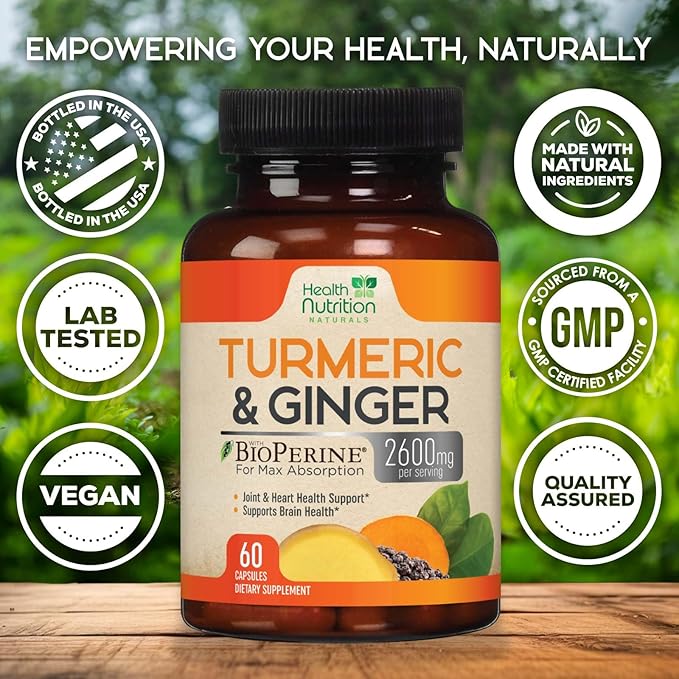 Turmeric Curcumin Supplement - 2000mg Organic Turmeric & 400mg Organic Ginger per Serving - 95% Curcuminoids & BioPerine Black Pepper for Best Absorption & Joint Support, Bottled in USA - 60 Capsules
