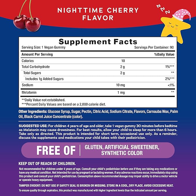 Natural Vitality Kids Calm Sleep Melatonin 1mg Gummies | Nighttime Cherry Flavor | 100% Drug Free | Non-GMO, Vegan & Gluten Free Supplement | 90 Count
