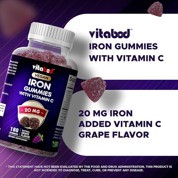 Vitabod Iron Gummies Supplement for Women, Men & Kids - 20mg - with Vitamin C - Dietary Supplement for Red Blood Cell Support, 180 Pectin Based Gummies
