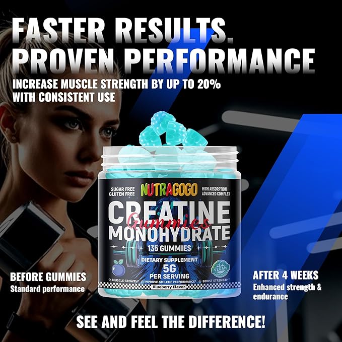 NSF Certified Creatine Gummy - Creatine Monohydrate Gummies for Men & Women-5g of Creatine Monohydrate per Serving - Sugar Free,Vegan, Blueberry Electrolyte Chews, 135 Count