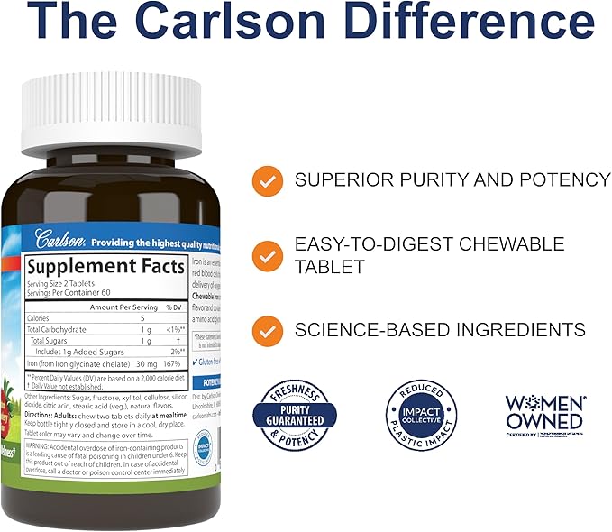 Carlson - Chewable Iron, 30 mg, Superior Absorption, Blood Health, Energy Production & Optimal Wellness, Chewable Iron Supplement for Women & Men, Natural Strawberry Flavor, 120 Tablets