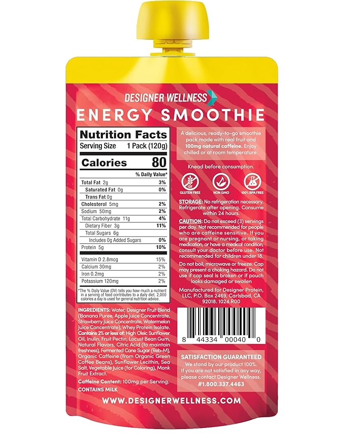 Designer Wellness Energy Smoothie, Real Fruit, 100mg Natural Caffeine, 5g Protein, Low Carb, Zero Added Sugar, Gluten-Free, Strawberry Watermelon, 12 Count