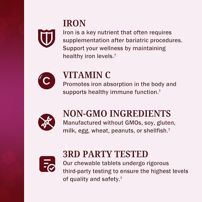 BioSchwartz Bariatric Vitamin C with Iron 45mg Chewable Tablets - 30 Servings, 60 Tablets - Sugar-Free, Fast-Dissolving Bariatric Iron Supplement for Women - Gentle on Stomach, Black Cherry Flavored