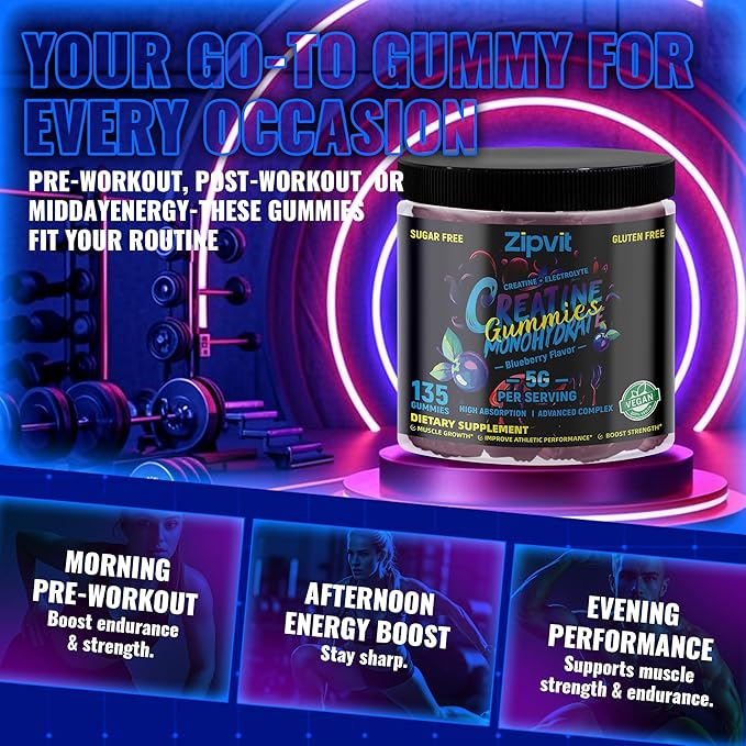 zipvit Creatine Monohydrate Gummies (5g) – Pre-Workout Energy & Muscle Growth Support for Men & Women | Blueberry Electrolyte Gummies (135 Count)