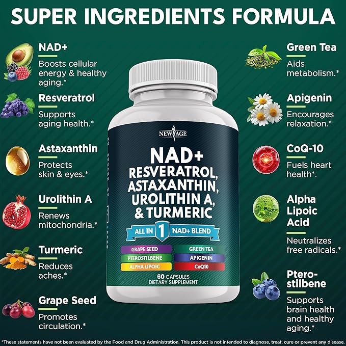 NEW AGE NAD+ Supplement - Astaxanthin, Urolithin A, Resveratrol, CoQ10 & Antioxidant Blend – Cellular Energy, Mitochondrial Support – Vegan, Non-GMO- 60 Count