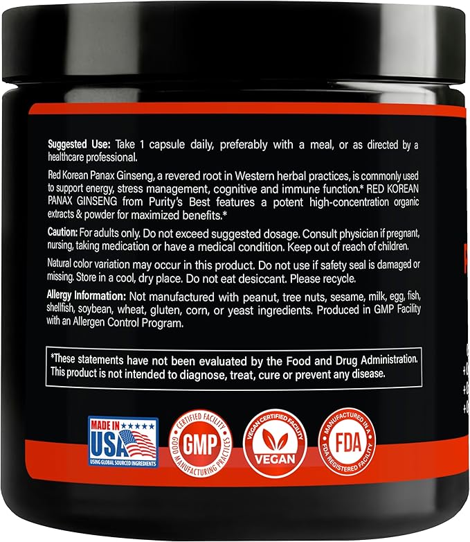 Purity’s Best Red Korean Panax Ginseng – 8500 mg Equivalent per Serving – 5% Ginsenosides – Herbal Supplement – 120 Veggie Capsules