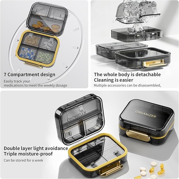 Travel Pill Organizer, Waterproof Weekly Pill Box 7 Day, Portable Container for Purse Pocket, Removable Compartments Daily Supplements Case, Airtight Storage for Outdoor (Black)