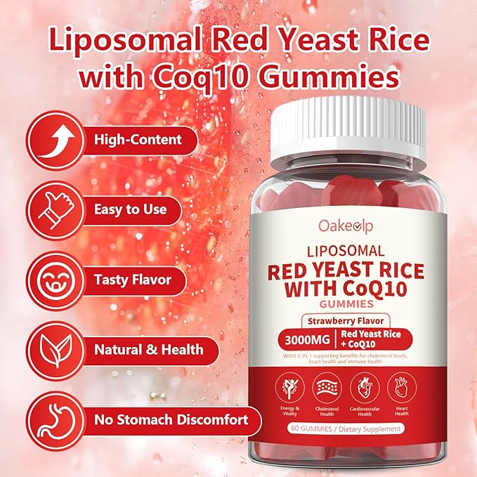 2 Pack Liposomal Red Yeast Rice with Coq 10 3000mg Gummies,Organic Red Yeast Rice Cholesterol Lowering Supplements, Enhanced with Coq 10 for Heart Health Support,Liposomal Enhance 98% Absorption