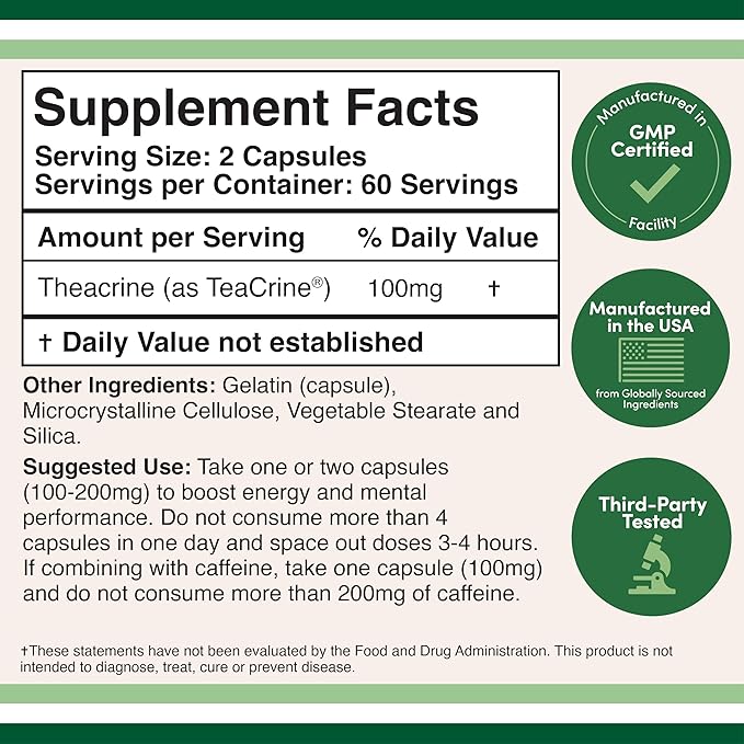 Theacrine (Teacrine) 100 Mg, 60 Capsules - Energy and Focus Supplement (Similar to Caffeine Pills but More Subtle and Longer Lasting) Non-GMO and Gluten Free by Double Wood