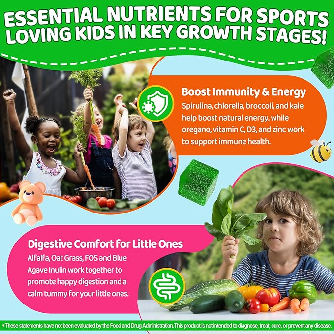 Kids Super Greens Gummies, w/Multivitamins, 20+ Veggie Fruit, Prebiotics, Calcium, Omega-3 (DHA/EPA), Kids Vitamins Greens Superfood Gummies for Picky Eaters Growth, Energy, Immune, Digestion, 2 Pack