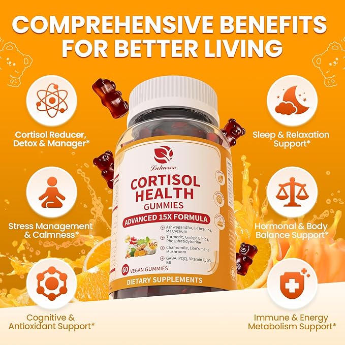 Lukaree Cortisol Supplements for Women & Men, 15 in 1 Cortisol Reducer Manager, Cortisol Calm Gummies with Ashwagandha, Magnesium, L-theanine, GABA - for Mood, Focus, Sleep - Vegan Sugar Free, 60 Ct.