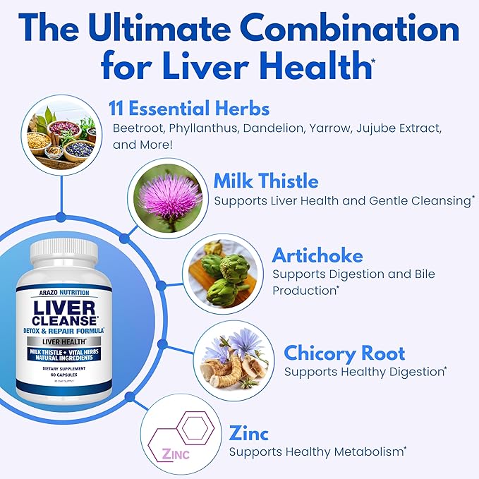 Arazo Nutrition Liver Cleanse Detox & Repair Formula – Milk Thistle Herbal Support Supplement: Silymarin, Beet, Artichoke, Dandelion, Chicory Root (Pack of 2)