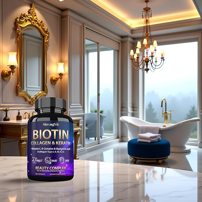 Biotin with Hyaluronic Acid, Keratin and Collagen Supplements - 10000mcg for Hair Growth Women and Men - Hair Skin and Nails Vitamins - 120 Capsules