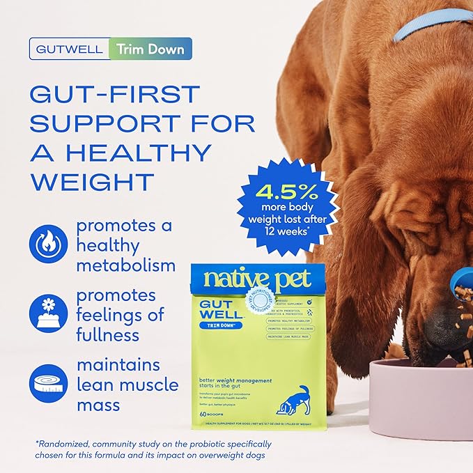 Native Pet GutWell Trim Down - Weight Management Dog Food Topper & Weight Loss Supplement Promotes Feelings of Fullness, Healthy Metabolism & Lean Muscles with Triple-Biotic & L-Carnitine - 60 Scoops