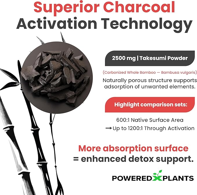 Takesumi Activated Charcoal Capsules 2500MG - Pure Activated Charcoal Supplement from Bamboo for Max Absorption, Detox & Gut Nutrition - 120 Vegetarian Capsules by Powered X Plants
