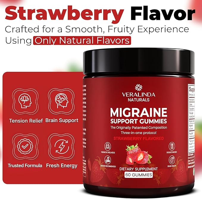 Veralinda Migraine Gummies – Original Triple Protocol Formula, 60 Gummies with Magnesium, Riboflavin B2 & Feverfew – Natural Brain Health Supplement for Migraine Wellness Support for Women & Men