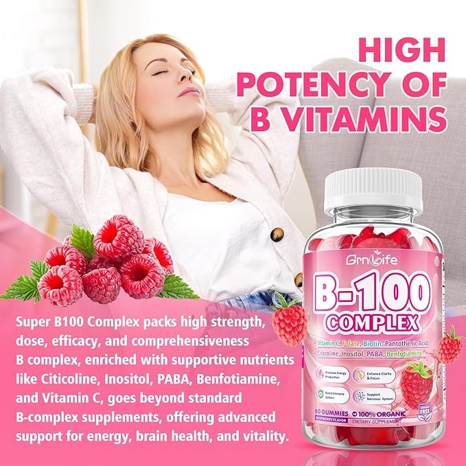 Vitamin B Complex Gummies, All B Vitamins + Methyl B12, B1, B2, B3, B5, B6, Biotin, Methylfolate, Vitamin C, Choline, Inositol, PABA for Energy & Immune Support, Raspberry Flavor, 60 Count