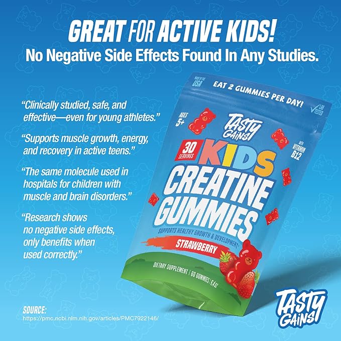 TASTY GAINS Kids Creatine Gummies with Vitamin B12 for Growth Support, Kids Vitamin Gummies for Daily Nutrition Support, Gummy Vitamins for Kids, Easy Chew Supplement for Children