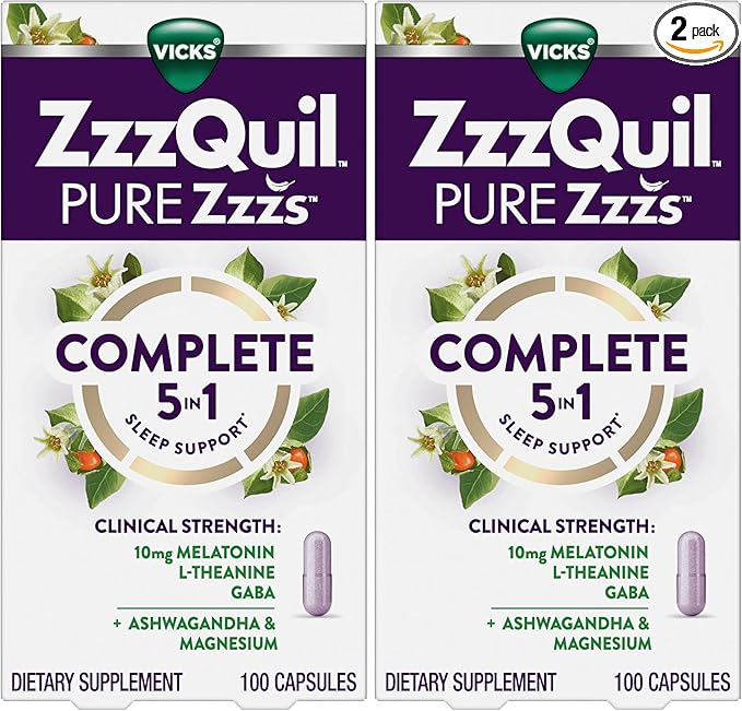 ZzzQuil Pure Zzzs Complete Sleep,Melatonin 10mg,L-Theanine,GABA,with Ashwagandha,and Magnesium,Melatonin Sleep Aid,100 Count (Pack of 2)