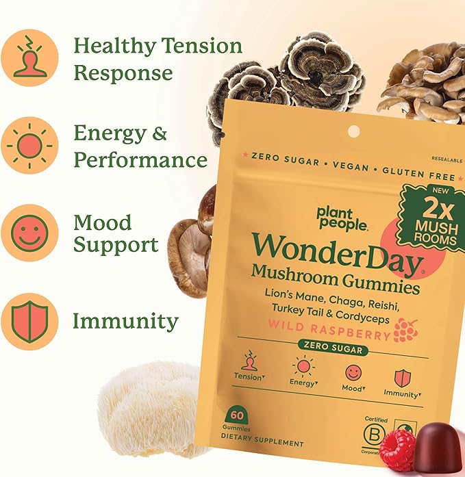 WonderDay Extra Strength Mushroom Gummies – Sugar Free Lion’s Mane, Cordyceps, Reishi & Chaga Supplement for Adults – Mood Boost, Energy, Focus, Immune Support & Gut Health – Vegan, Non-GMO (60 Count)
