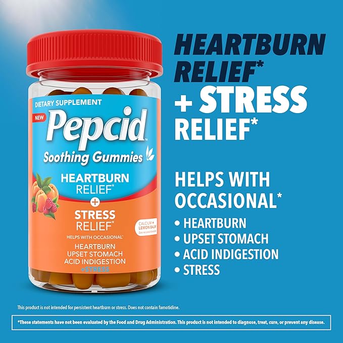 Pepcid Soothing Antacid Gummies, Heartburn Relief + Stress Relief for Occasional Heartburn, Upset Stomach, and Acid Indigestion, with Lemon Balm Extract, Tricalcium Phosphate, Peach-Raspberry, 32 ct