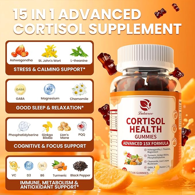 Lukaree Cortisol Supplements for Women & Men, 15 in 1 Cortisol Reducer Manager, Cortisol Calm Gummies with Ashwagandha, Magnesium, L-theanine, GABA - for Mood, Focus, Sleep - Vegan Sugar Free, 2 Pack