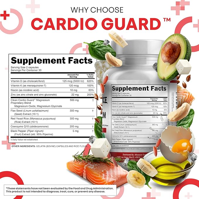 Clean Nutraceuticals COQ10 200mg Red Yeast Rice Omega 3 Magnesium Complex 500mg Niacin Zinc Vitamin K2 D3 - Heart Support Vitamins for Women & Men w/Vitamin B3, Coenzyme Q10-60 Ct