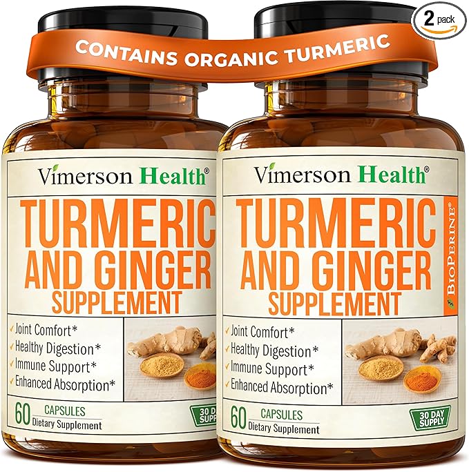 Turmeric Curcumin Supplement with Ginger Root for Joint Support, Digestive & Gut Health - Contains Organic Turmeric Curcumin with Black Pepper (Bioperine) for Enhanced Absorption - 60 Capsules, 2 Pack