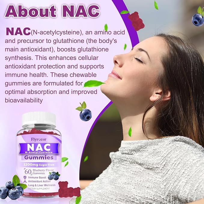 NAC Gummies, N Acetyl Cysteine Supplement for Adults and Kids, NAC Chewable Support Liver Health, Antioxidants & Immune System, Sugar-Free, Blueberry Flavor, 60 Count