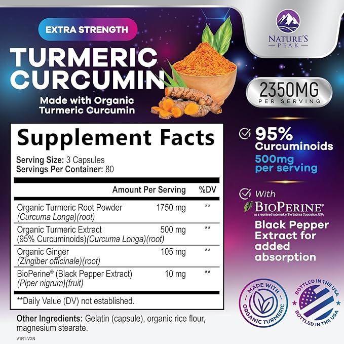 Turmeric Curcumin Supplement - 1750mg Organic Turmeric Per Serving - 95% Curcuminoids, Ginger & BioPerine Black Pepper for Best Absorption - Natural Vegan Joint Support, Bottled in USA - 240 Capsules