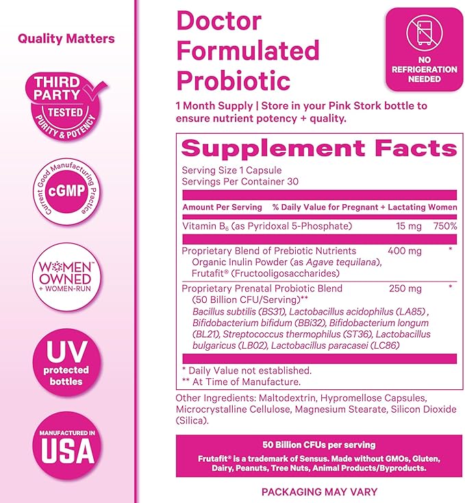 Pink Stork Prenatal Probiotic for Women with 50 Billion CFU | Vitamin B6 & Prebiotics | Pregnancy Probiotics for Morning Sickness | Digestive, Immune, & Gut Health | Vegan & Gluten-Free | 30 Capsules