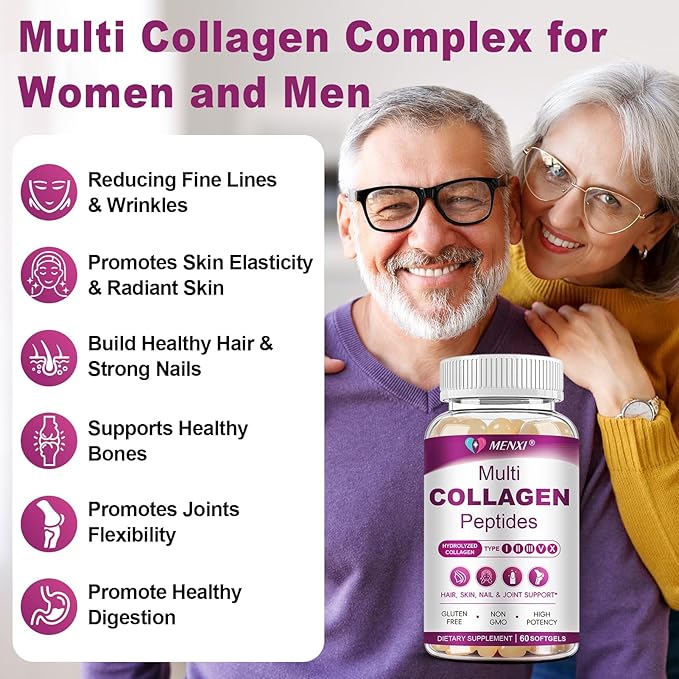Multi Collagen Peptides Softgel for Women & Men - Type I, II, III, V, X - Hydrolyzed Collagen Peptides with Biotin, Vitamin C & Hyaluronic Acid - Support Skin, Hair, Nail & Joint - Non-GMO, 60 Softgel