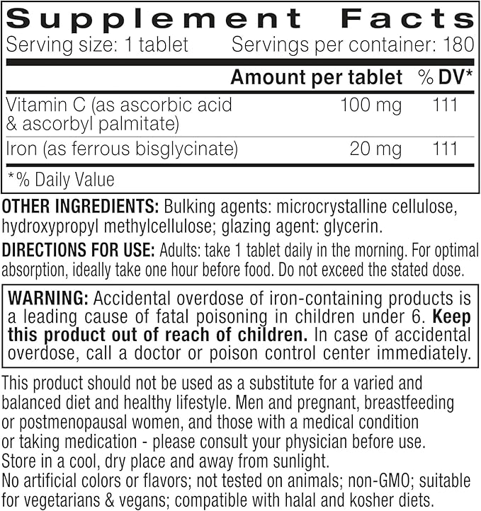 Igennus Clean Iron Bisglycinate 20mg, Vitamin C, 6 Month Supply, Gentle Chelated High Absorption Formula & Targeted Release Ferrous Bisglycinate for Women and Men, One Daily, Vegan, 180 Tablets