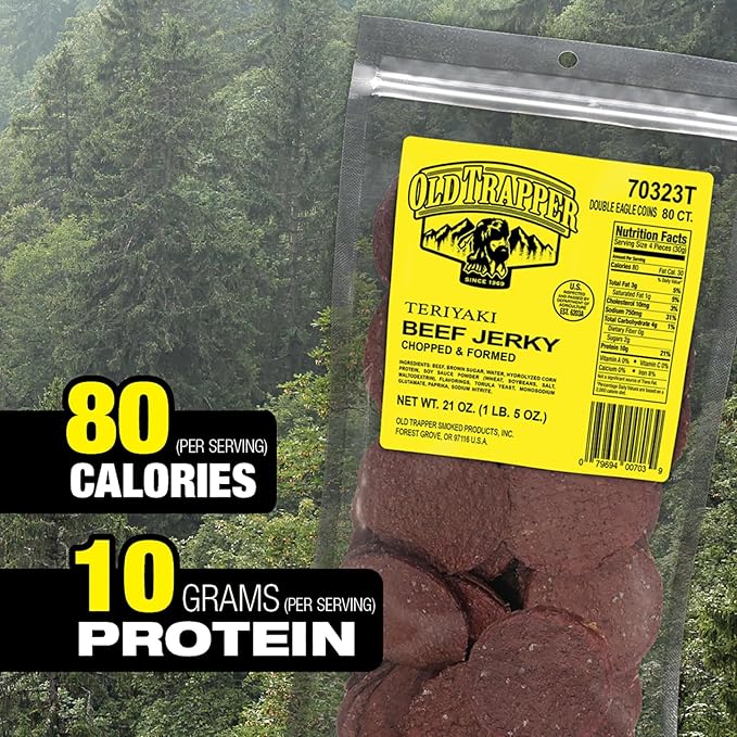 Old Trapper Double Eagle Beef Jerky, Teriyaki Flavor, 21 Ounce Package, Natural Wood Smoked Meat Snacks, 10 Grams of Protein and 80 Calories per Serving (Pack of One)