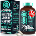 Vegan Probiotic Plus B12 & FOS - 22 Billion CFU Synbiotics Prebiotics and Probiotics for Digestive Health, IBS, Mood Support - B12 Pre Pro Post Biotics for Women & Men - 60 Gluten-Free Capsules