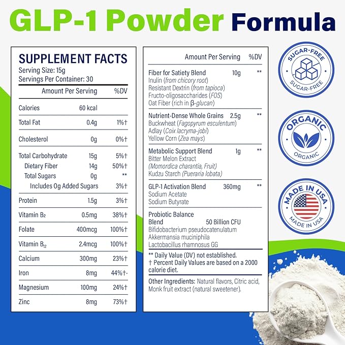 GLP-1 Supplement for Women & Men, Hunger & Metabolism Support | 15000MG GLP-1 Powder, Natural Formula GLP1 Supplements with Akkermansia Probiotic, for Metabolism, Digestion & Gut, 0 Sugar, 15.9 oz